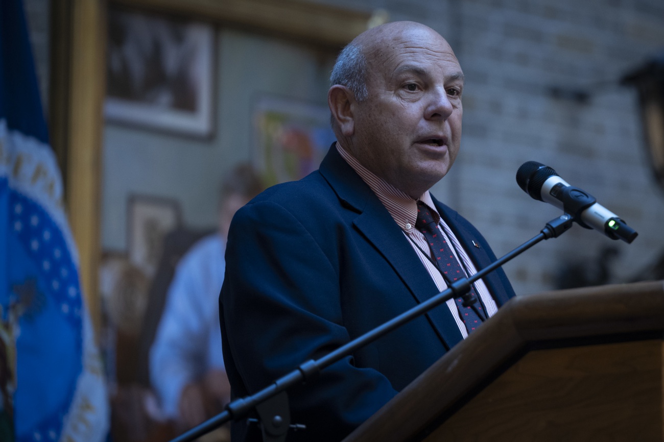 Zippy Duvall, Farm Bureau Federation President, addresses the audience at the film viewing.